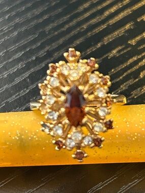 Vintage Amber & Rhinstone Cocktail Ring 18K HGE